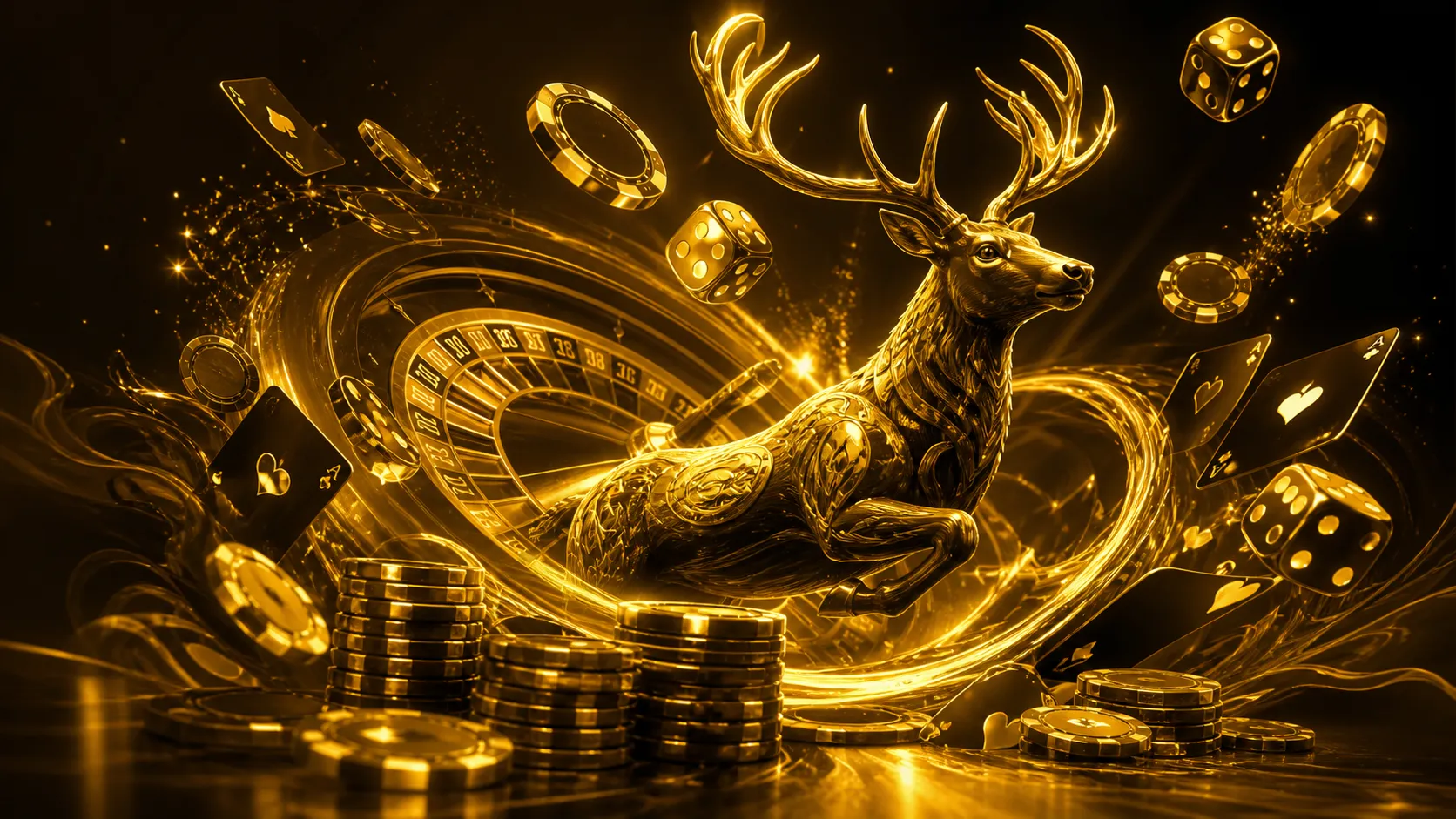 Luxury casino-themed hero banner with 3D render of poker chips, cards, and dice in rich tones.